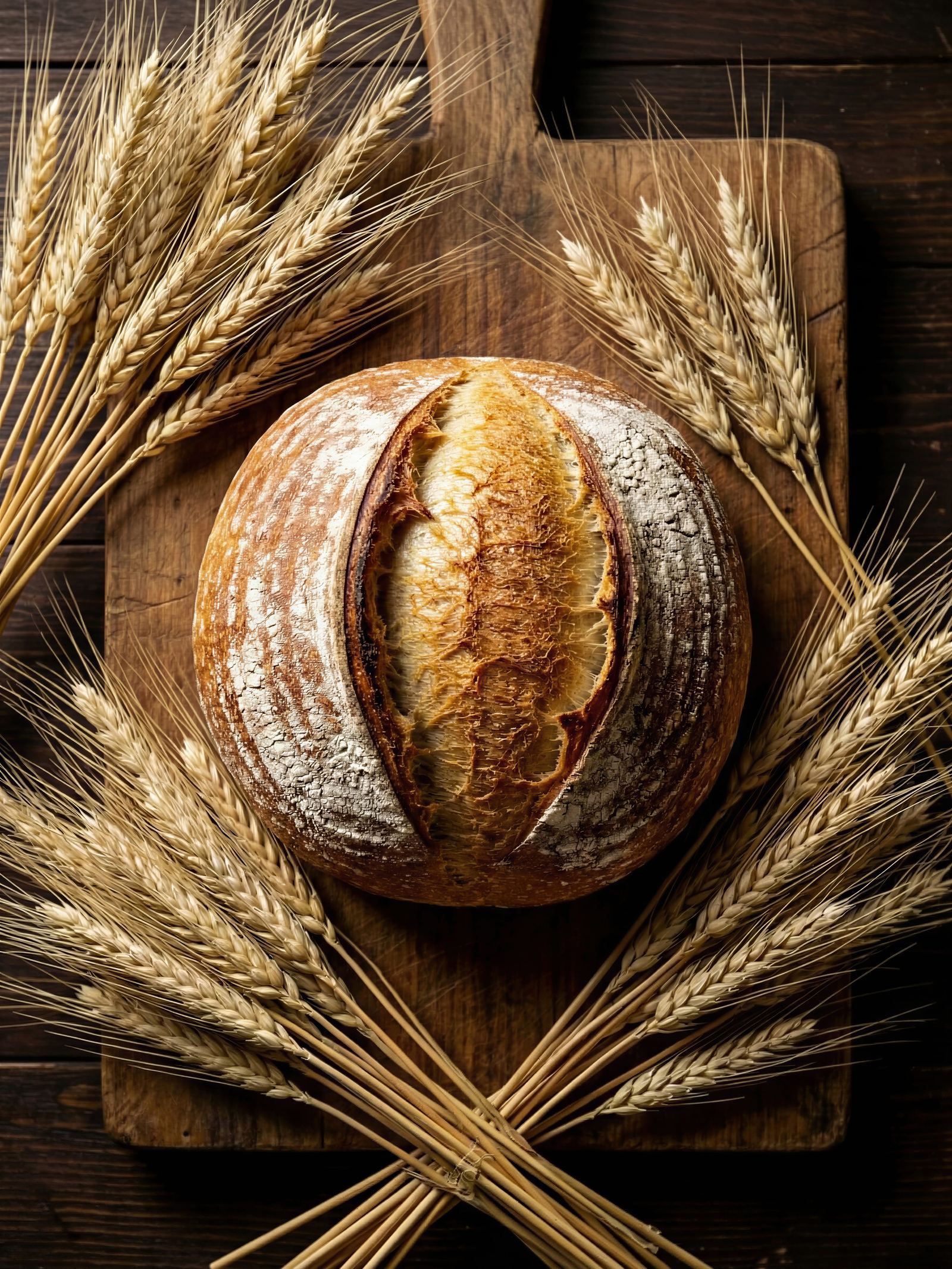 Miche de pain au levain entourée d'épis de blé