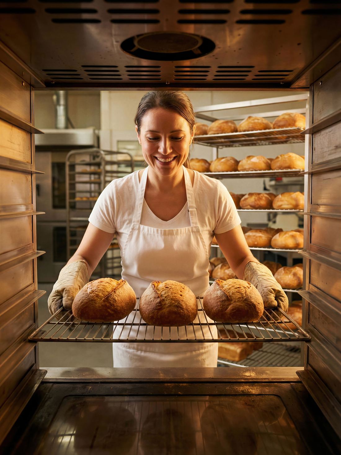 Boulangère sortant le pain du four